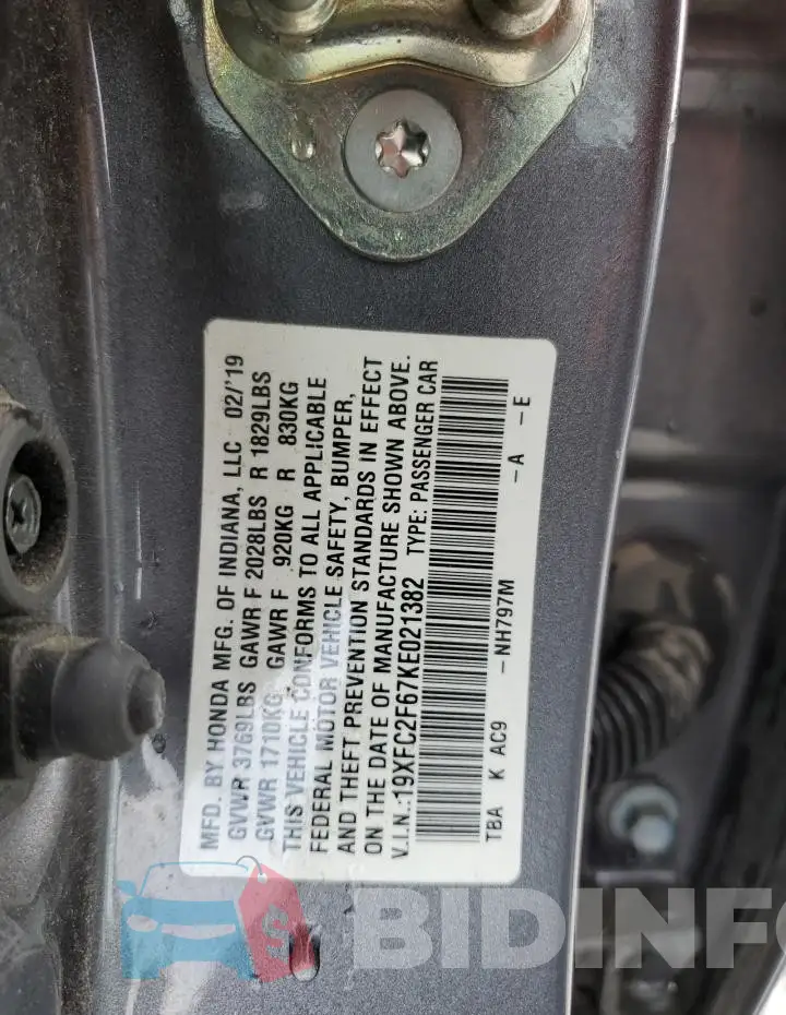 19XFC2F67KE021382 Photo# 12