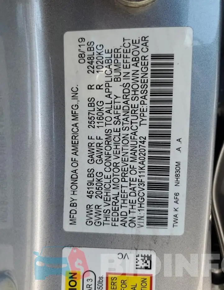 1HGCV3F11KA020742 Photo# 12