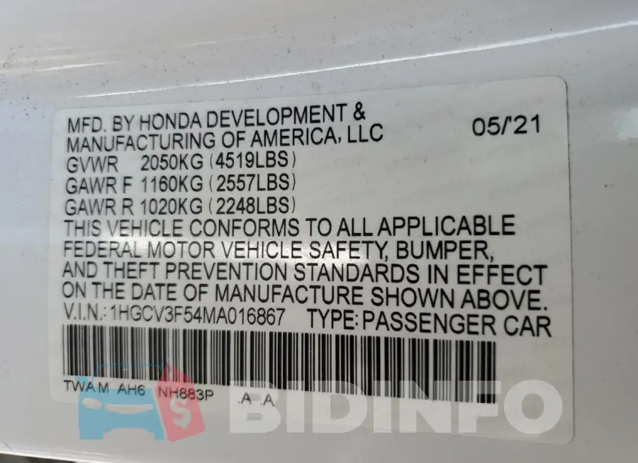 1HGCV3F54MA016867 Photo# 12