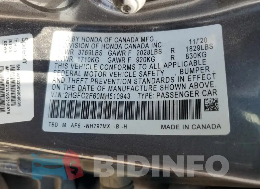 2HGFC2F60MH510943 Photo# 12