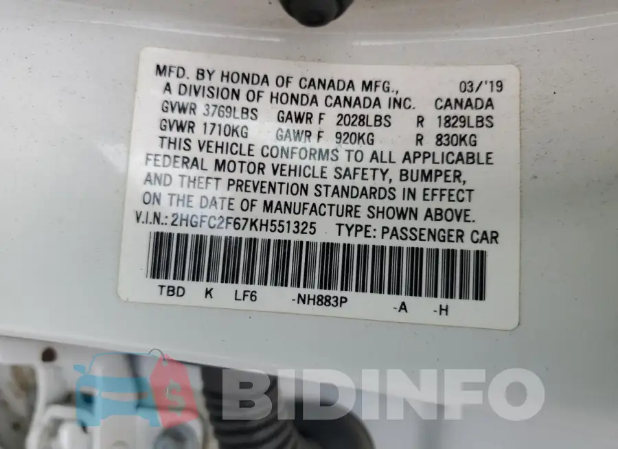 2HGFC2F67KH551325 Photo# 12