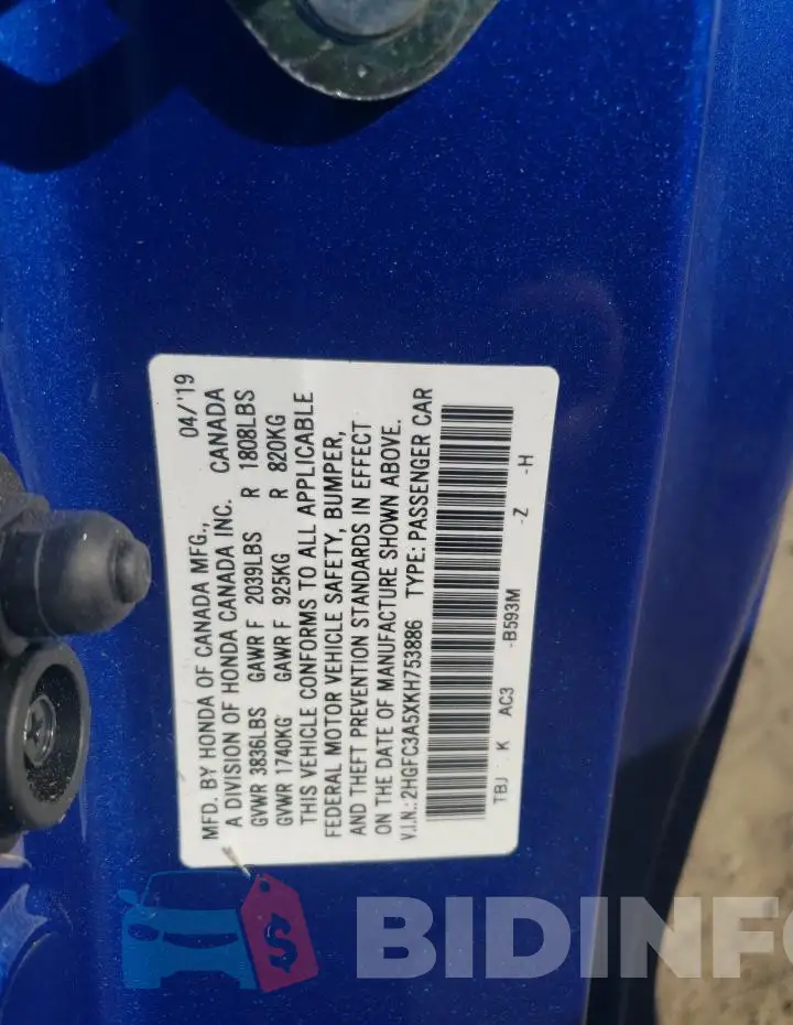 2HGFC3A5XKH753886 Photo# 12