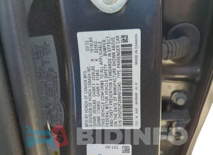 2HGFE2F2XNH572343 Photo# 12