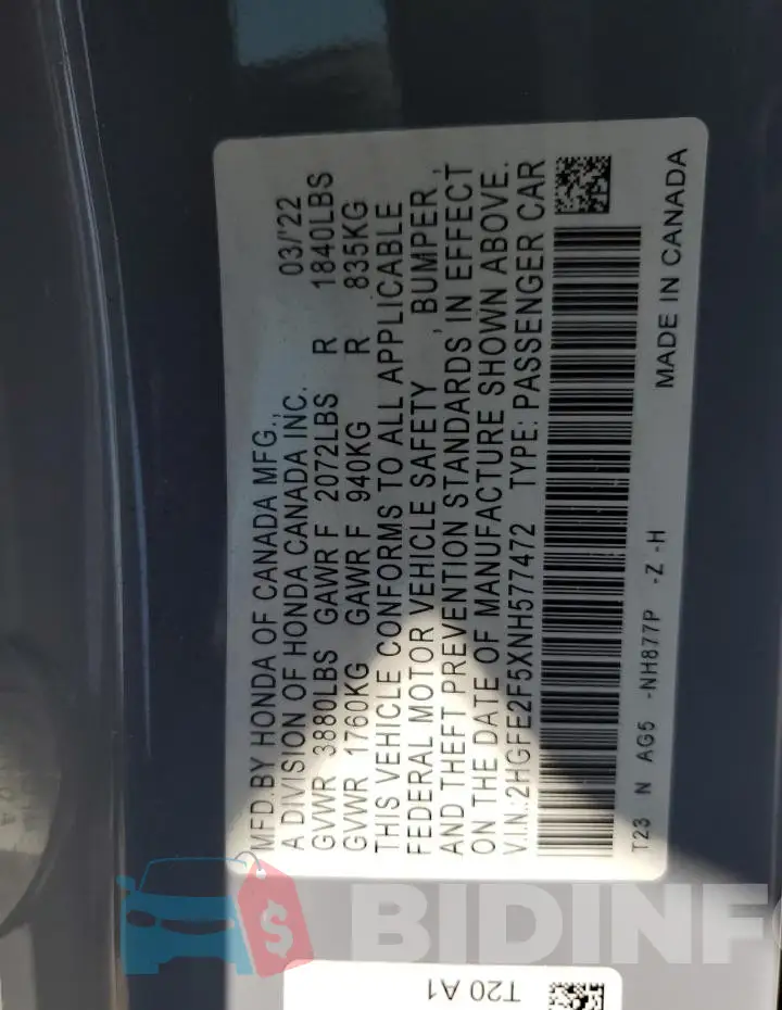2HGFE2F5XNH577472 Photo# 13