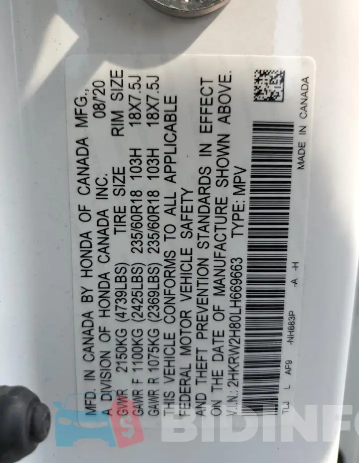 2HKRW2H80LH669663 Photo# 14