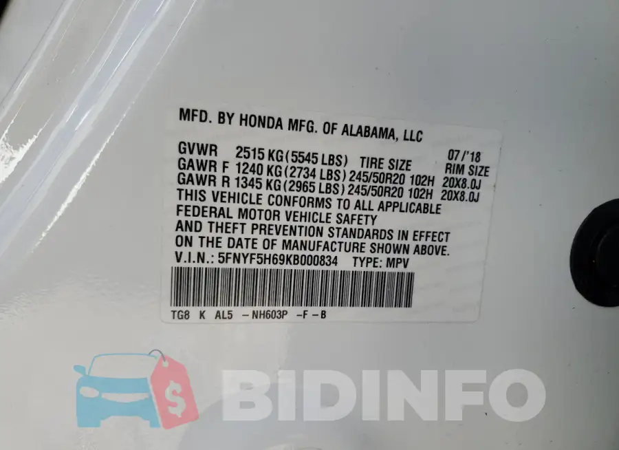 5FNYF5H69KB000834 Photo# 13