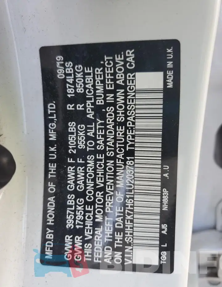 SHHFK7H61LU203781 Photo# 13