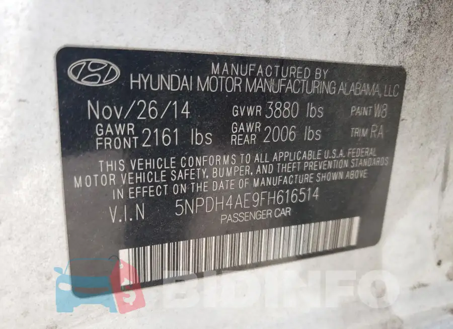 5NPDH4AE9FH616514 Photo# 13