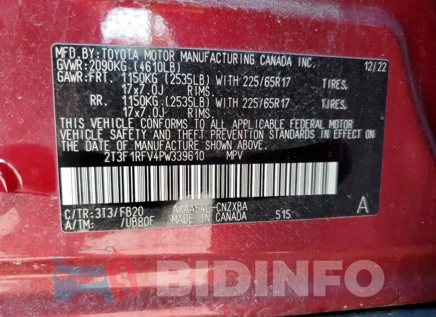 2T3F1RFV4PW339610 Photo# 14