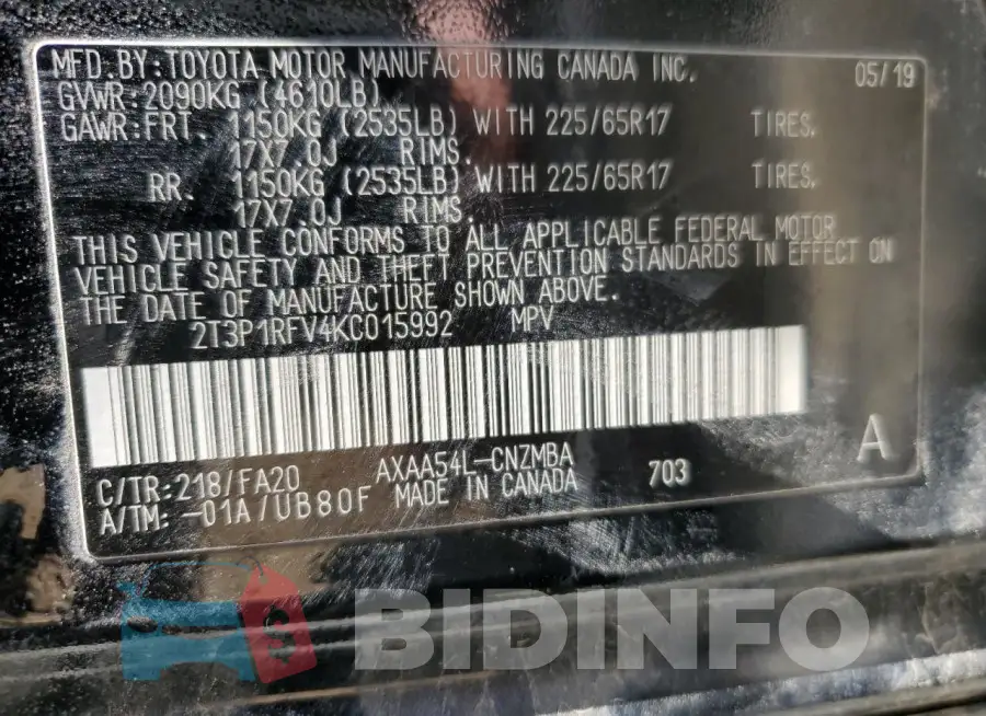 2T3P1RFV4KC015992 Photo# 14