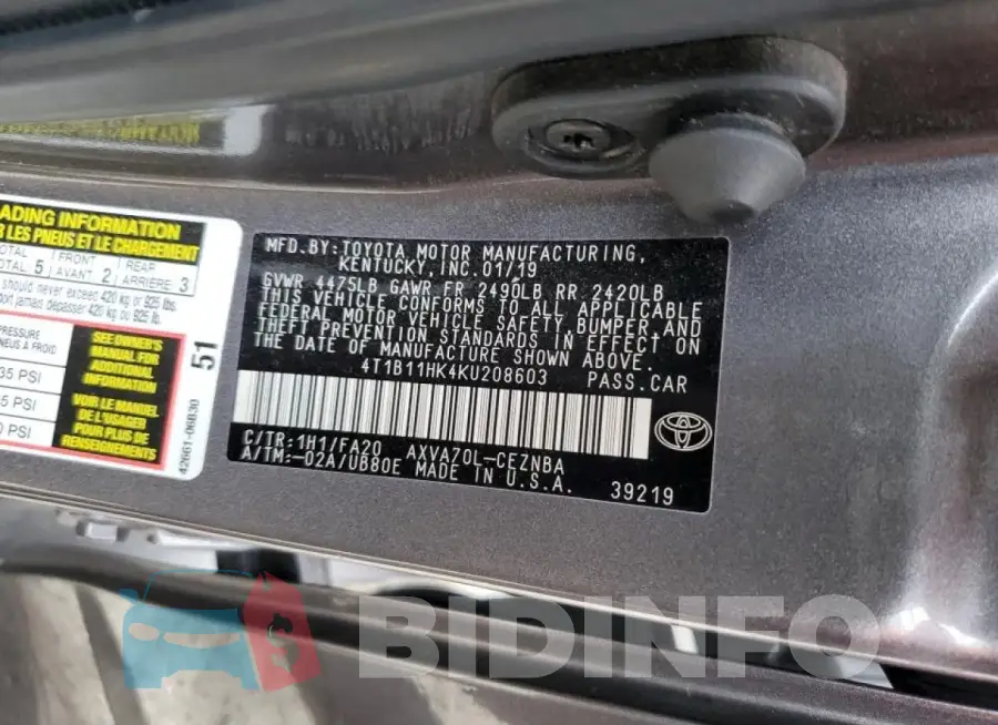 4T1B11HK4KU208603 Photo# 12