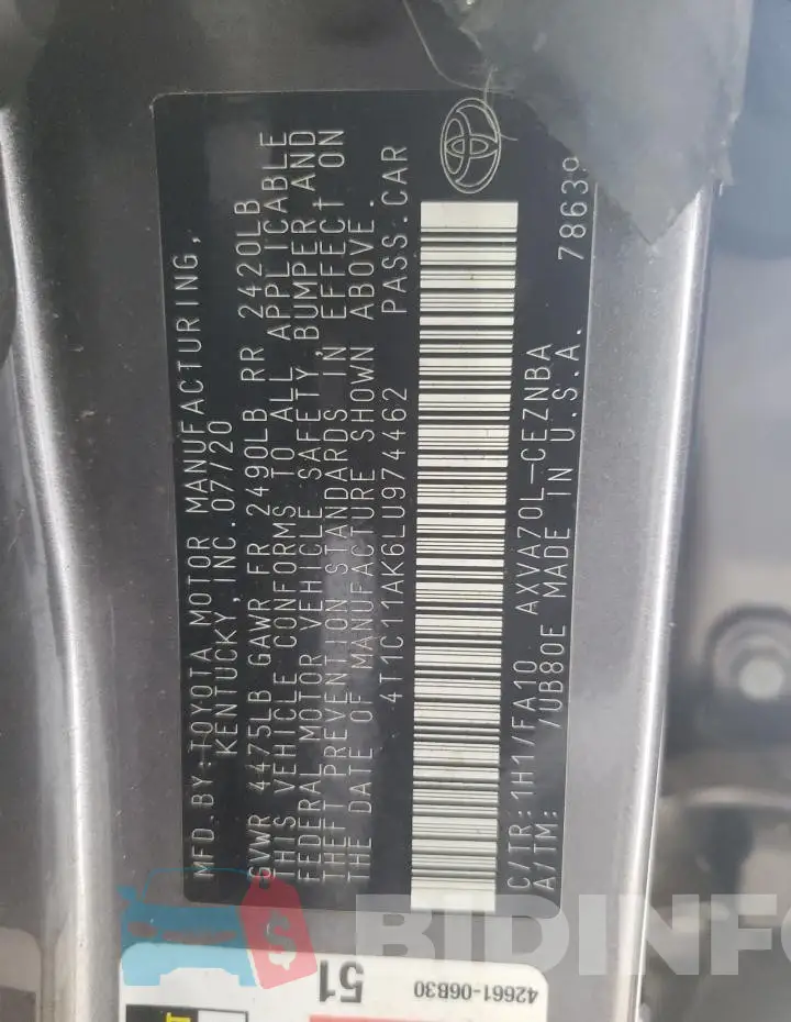4T1C11AK6LU974462 Photo# 12