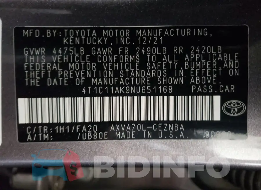 4T1C11AK9NU651168 Photo# 12