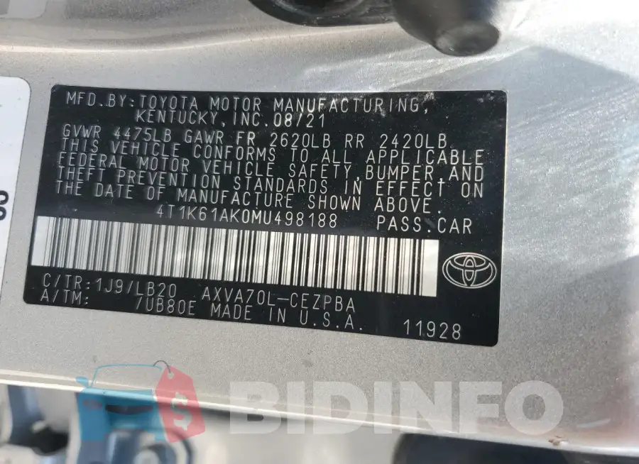 4T1K61AK0MU498188 Photo# 12