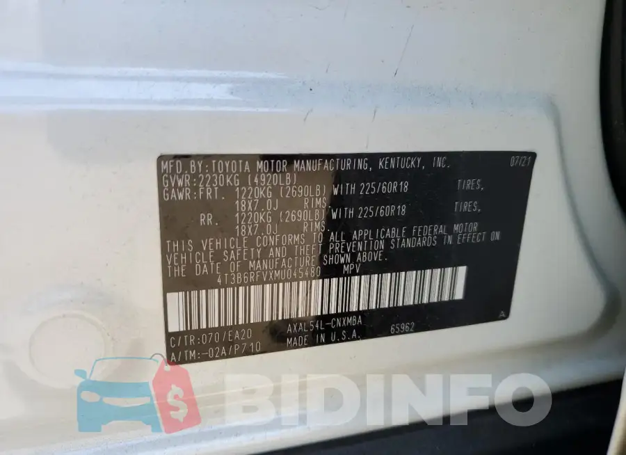 4T3B6RFVXMU045480 Photo# 13
