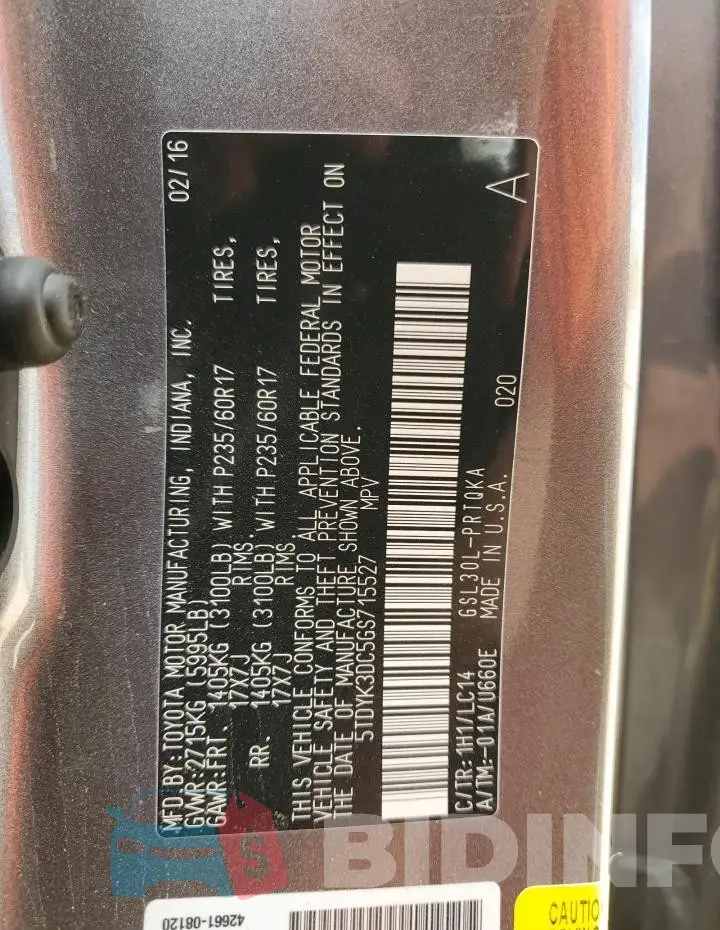 5TDYK3DC5GS715527 Photo# 14
