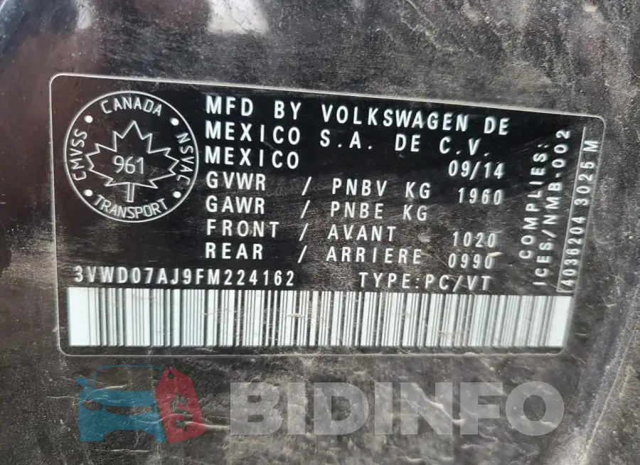 3VWD07AJ9FM224162 Photo# 12