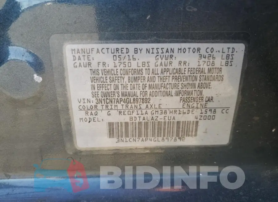 3N1CN7AP4GL897892 Photo# 13