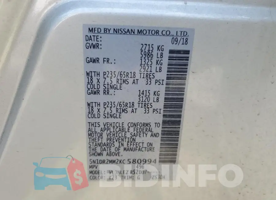 5N1DR2MM2KC580994 Photo# 13