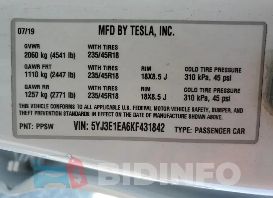 5YJ3E1EA6KF431842 Photo# 12