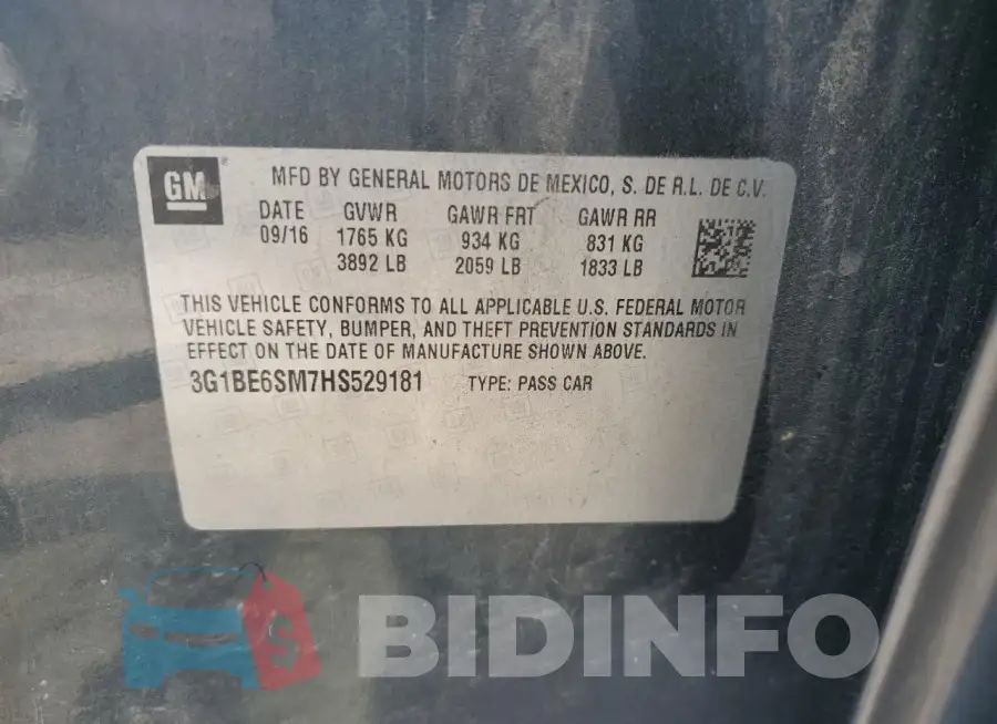 3G1BE6SM7HS529181 Photo# 12