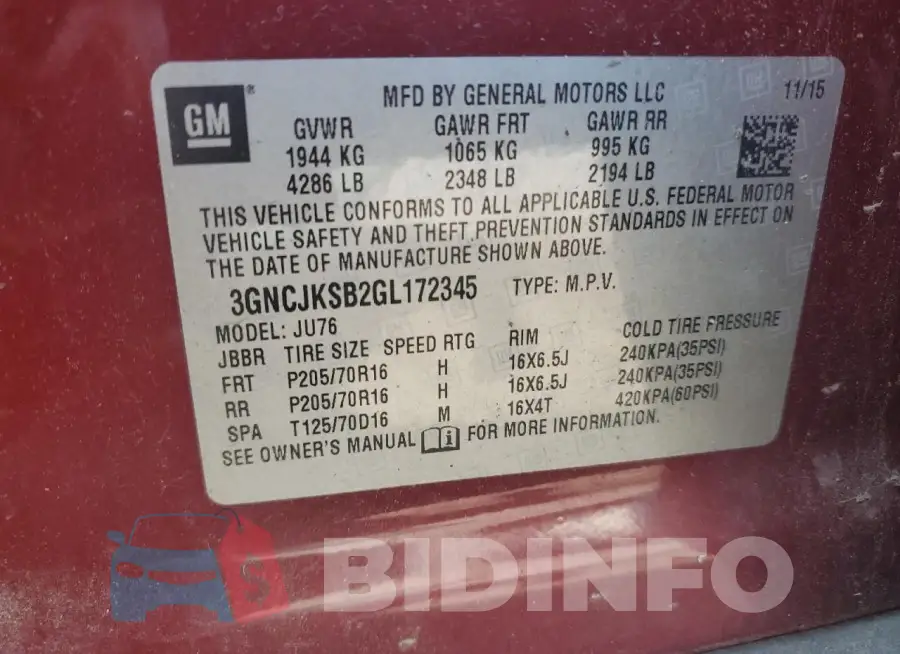 3GNCJKSB2GL172345 Photo# 13