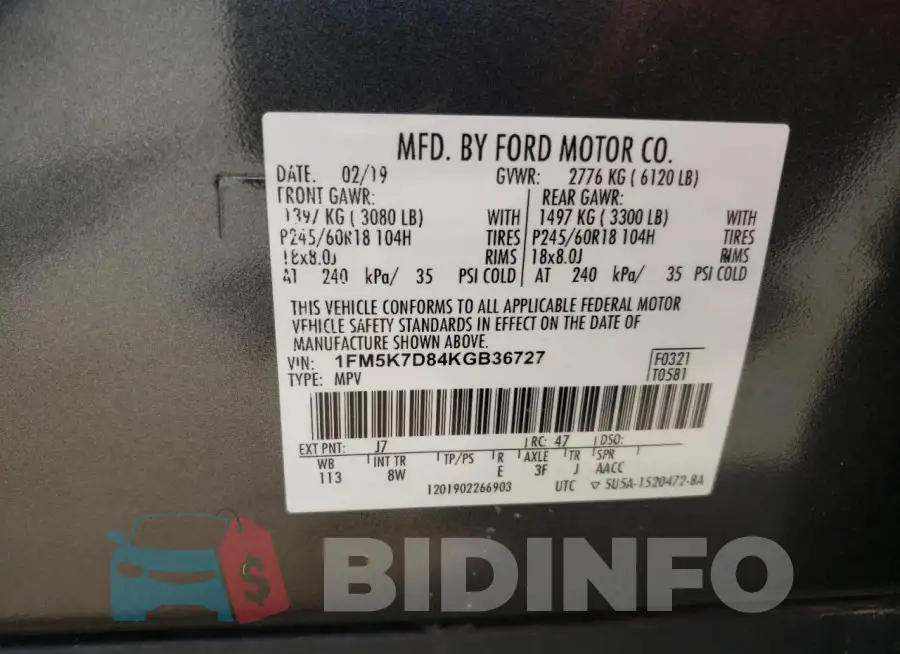 1FM5K7D84KGB36727 Photo# 13