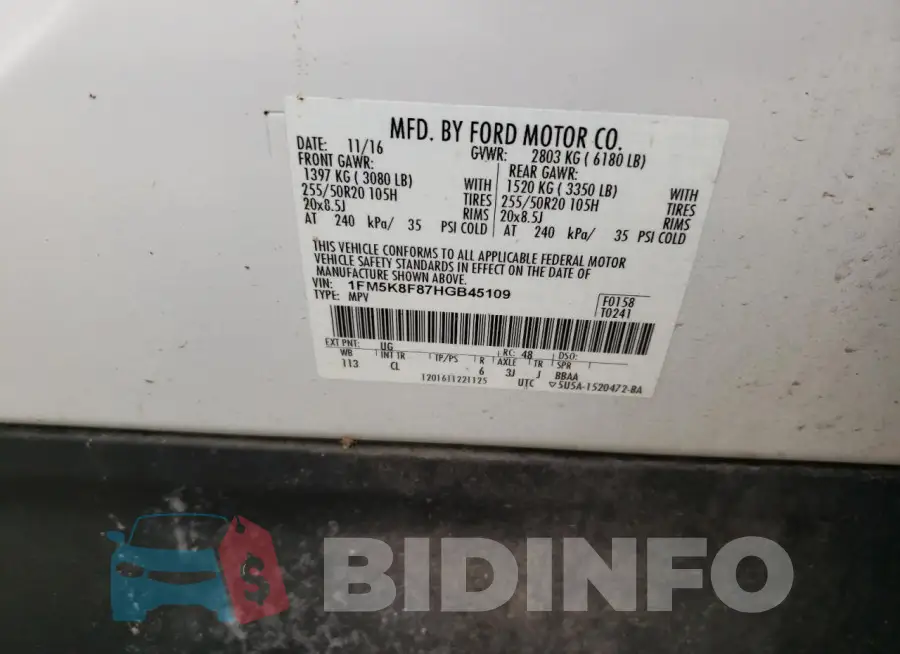 1FM5K8F87HGB45109 Photo# 13