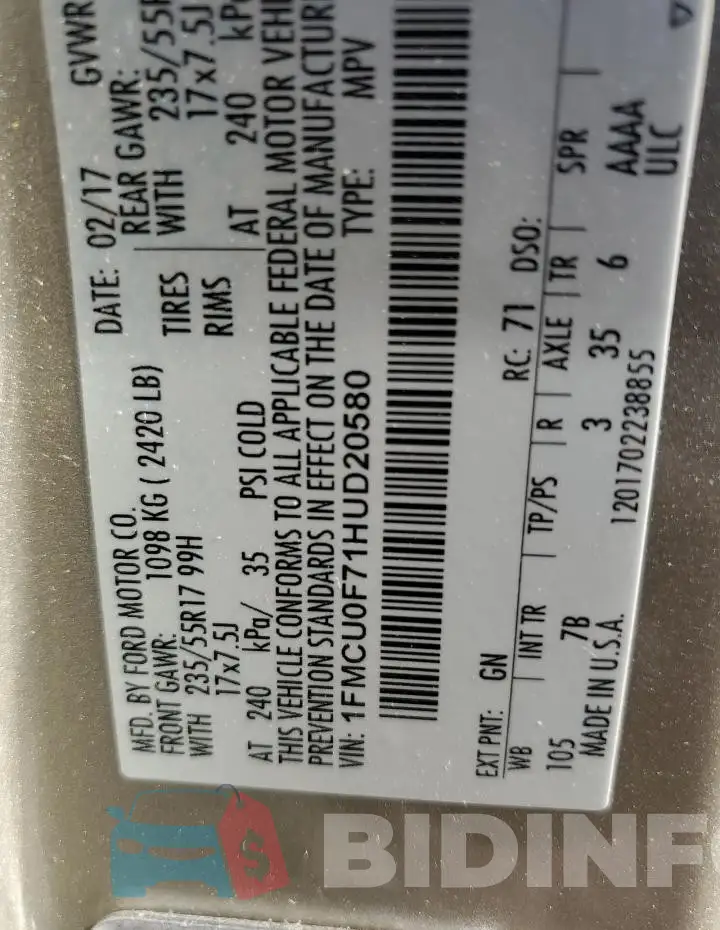 1FMCU0F71HUD20580 Photo# 12