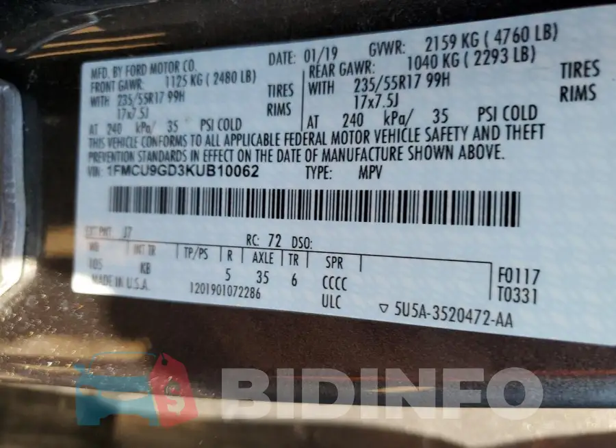 1FMCU9GD3KUB10062 Photo# 13