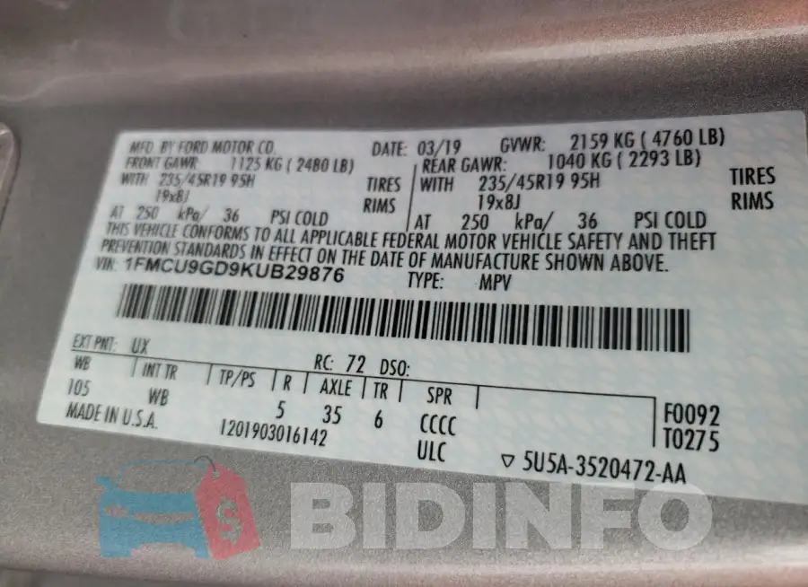 1FMCU9GD9KUB29876 Photo# 13