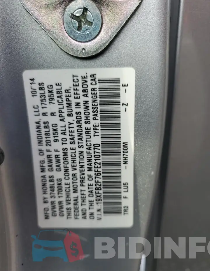 19XFB2F76FE210770 Photo# 12