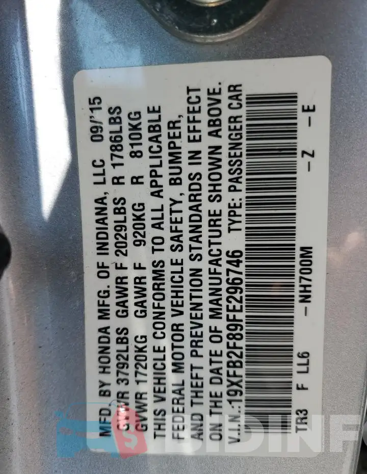 19XFB2F89FE296746 Photo# 12