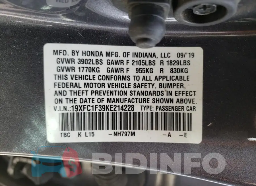 19XFC1F39KE214228 Photo# 13