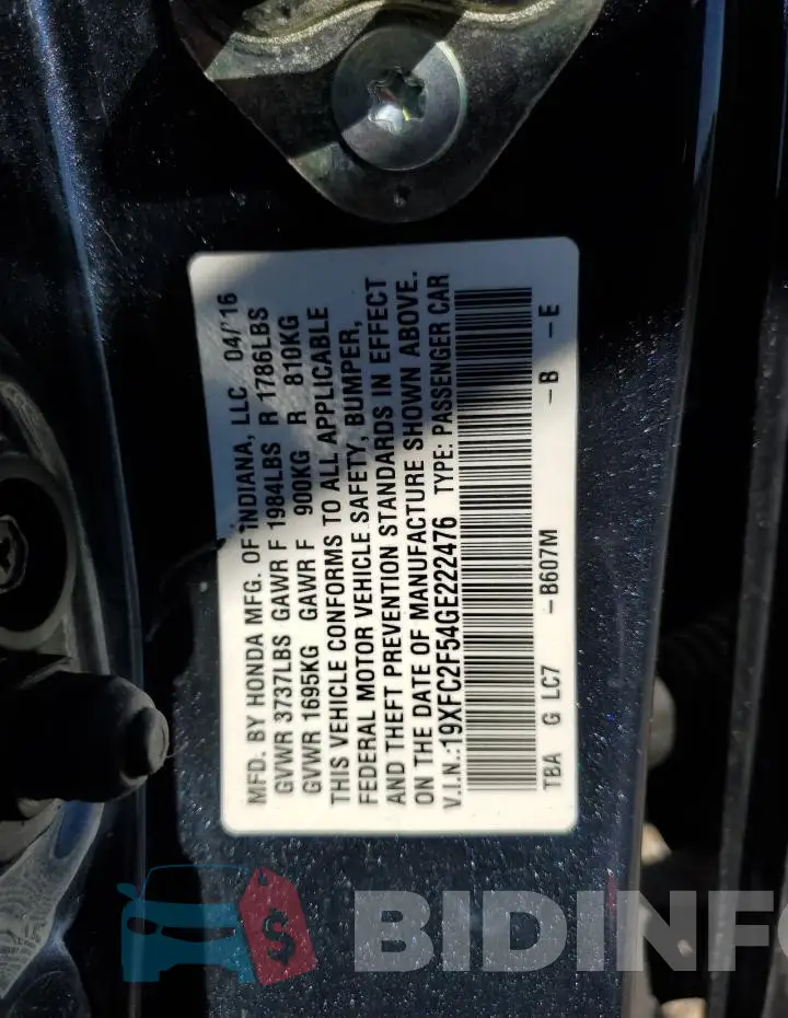 19XFC2F54GE222476 Photo# 13
