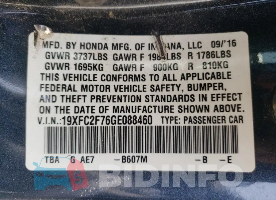 19XFC2F76GE088460 Photo# 12