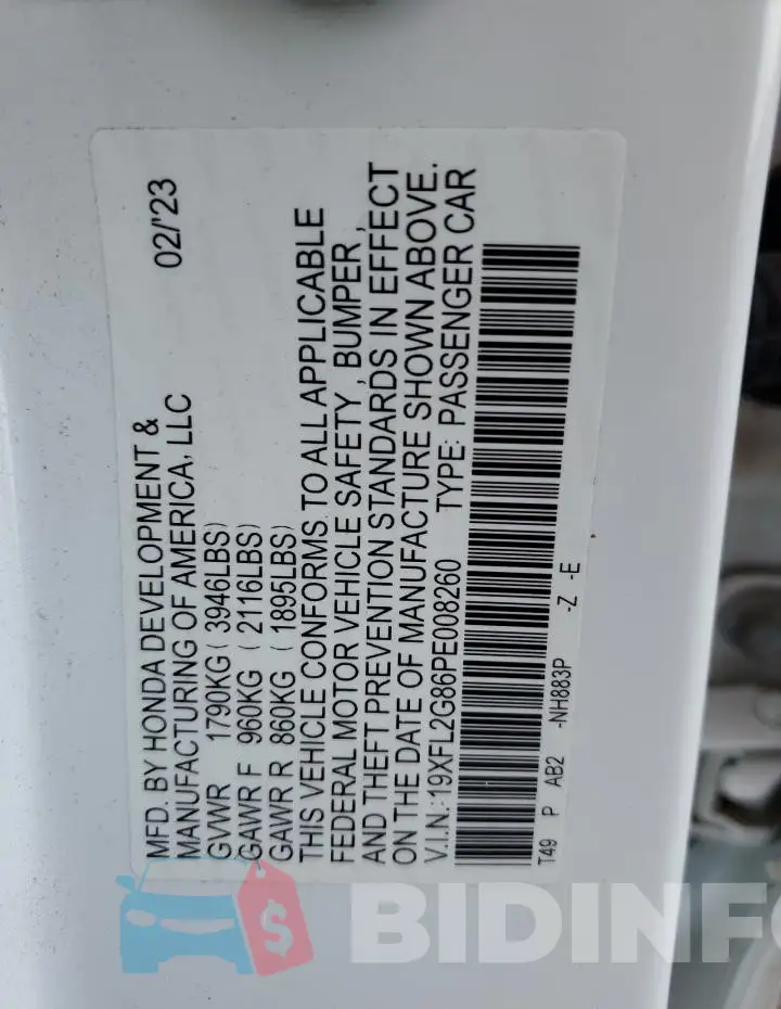 19XFL2G86PE008260 Photo# 12