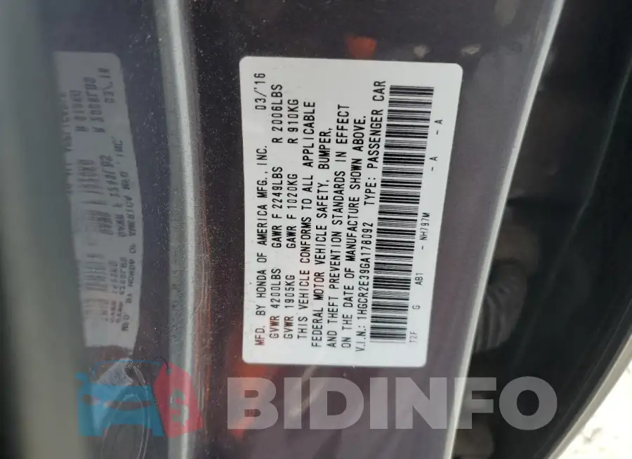 1HGCR2E39GA178092 Photo# 12
