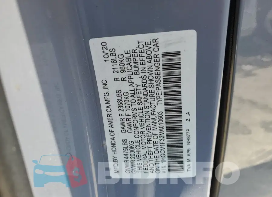 1HGCV1F32MA010603 Photo# 12
