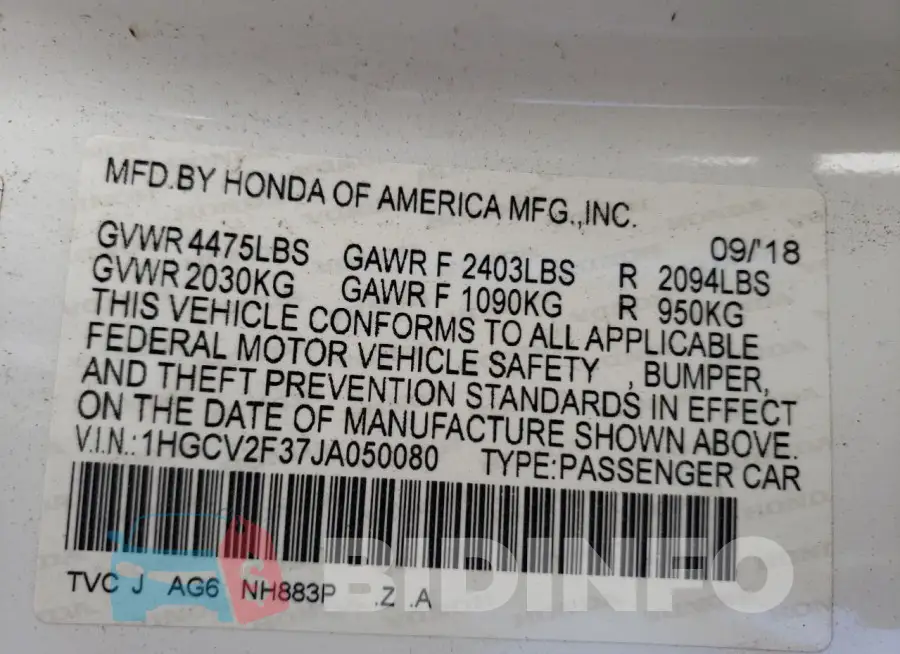 1HGCV2F37JA050080 Photo# 13