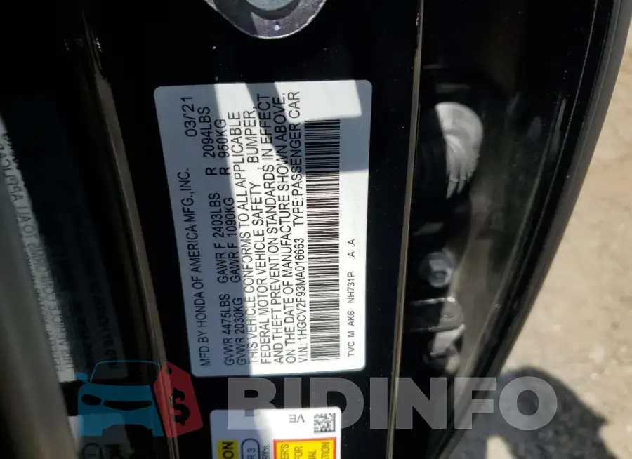 1HGCV2F93MA016663 Photo# 12