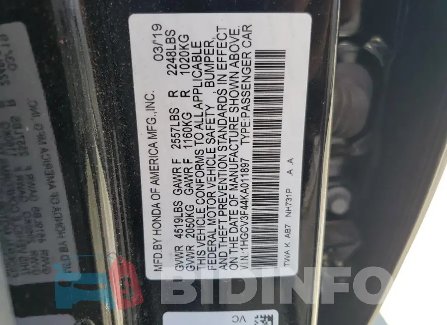 1HGCV3F44KA011897 Photo# 13