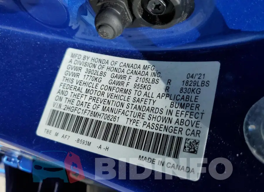 2HGFC1F78MH706261 Photo# 12