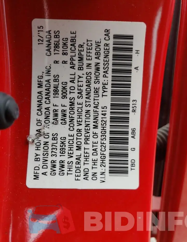2HGFC2F53GH521415 Photo# 13