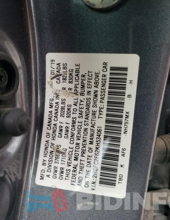 2HGFC2F62KH534061 Photo# 12
