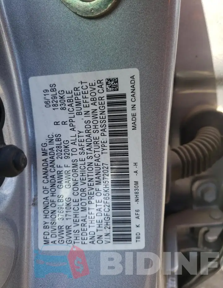 2HGFC2F65KH572027 Photo# 12