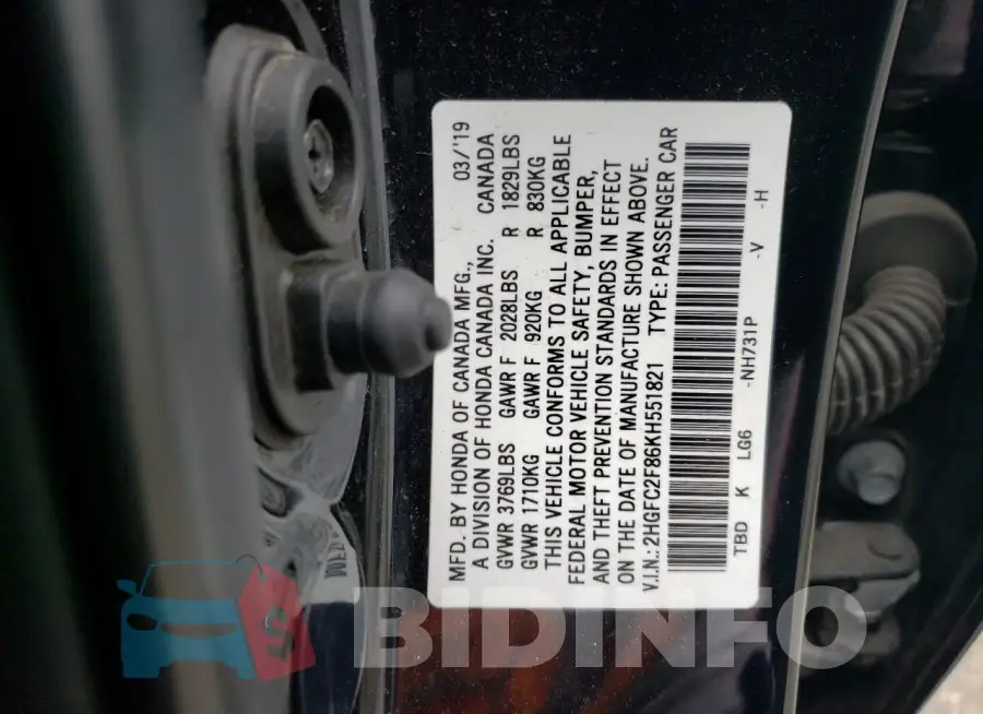 2HGFC2F86KH551821 Photo# 12