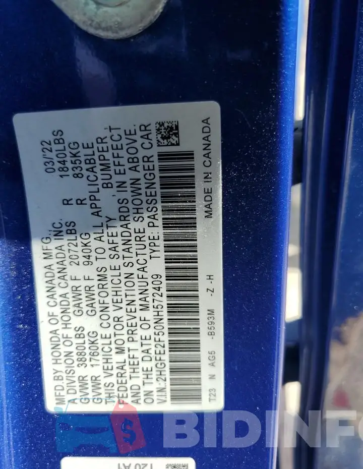 2HGFE2F50NH572409 Photo# 12
