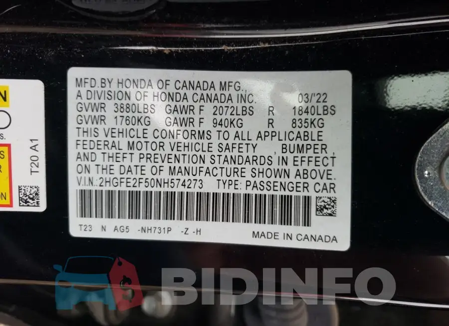 2HGFE2F50NH574273 Photo# 12