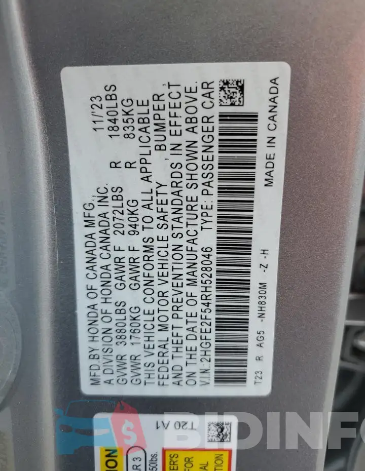 2HGFE2F54RH528046 Photo# 12